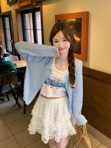 Halter Lettering Print Top / Crew Neck Plain Cardigan / High Rise Plain Frill Lace Mini A-Line Skirt Product Image