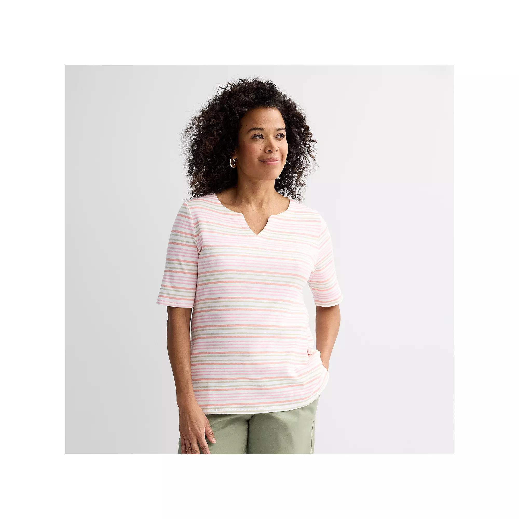 Women's Croft & Barrow® Elbow-Sleeve Splitneck Top, Size: Medium, Pink Tidy Stripe Product Image