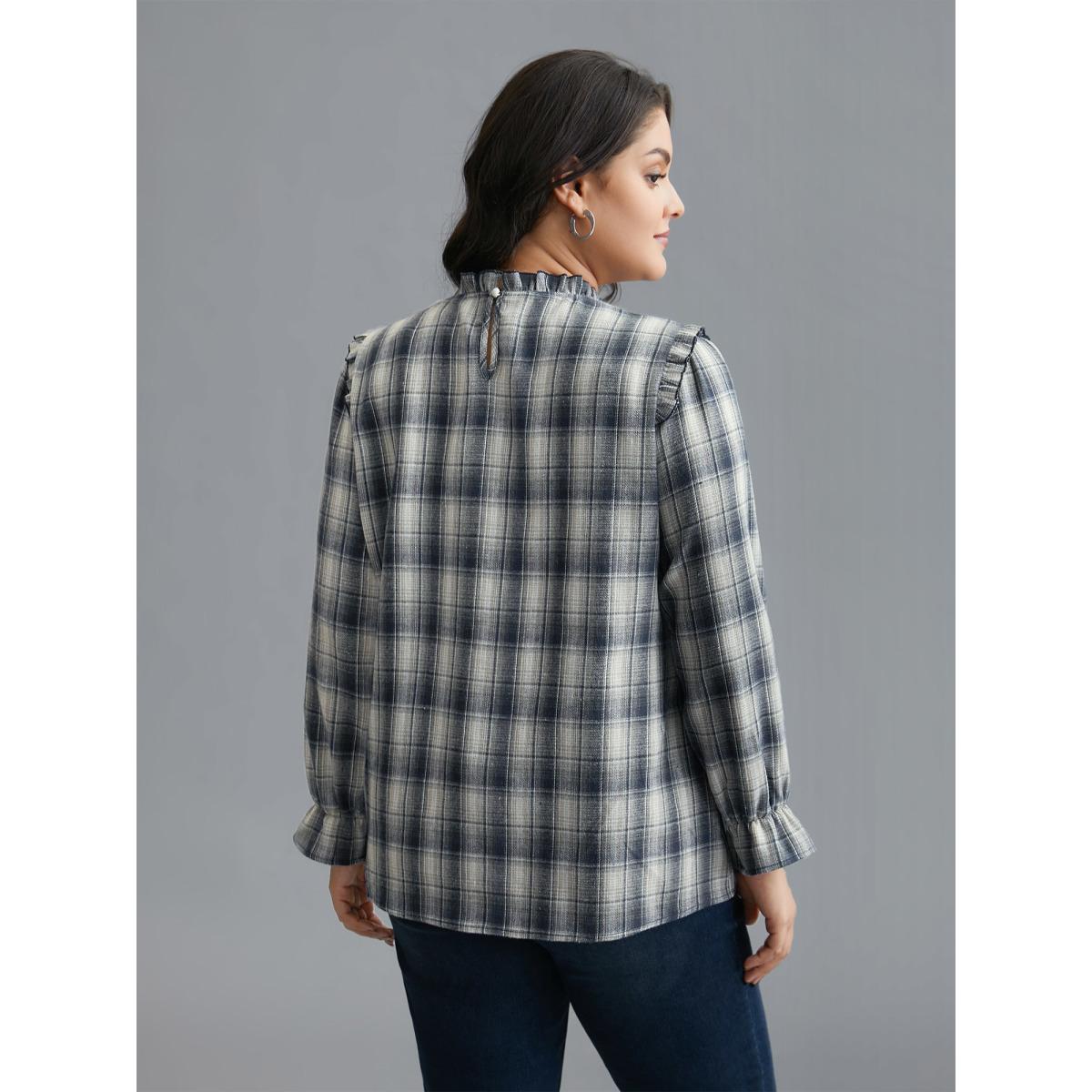 Plus Size Indigo Plaid Ruffle Trim Gathered Blouse Women Elegant Extra Long Sleeve Round Neck Everyday Blouses BloomChic 30/6X Product Image