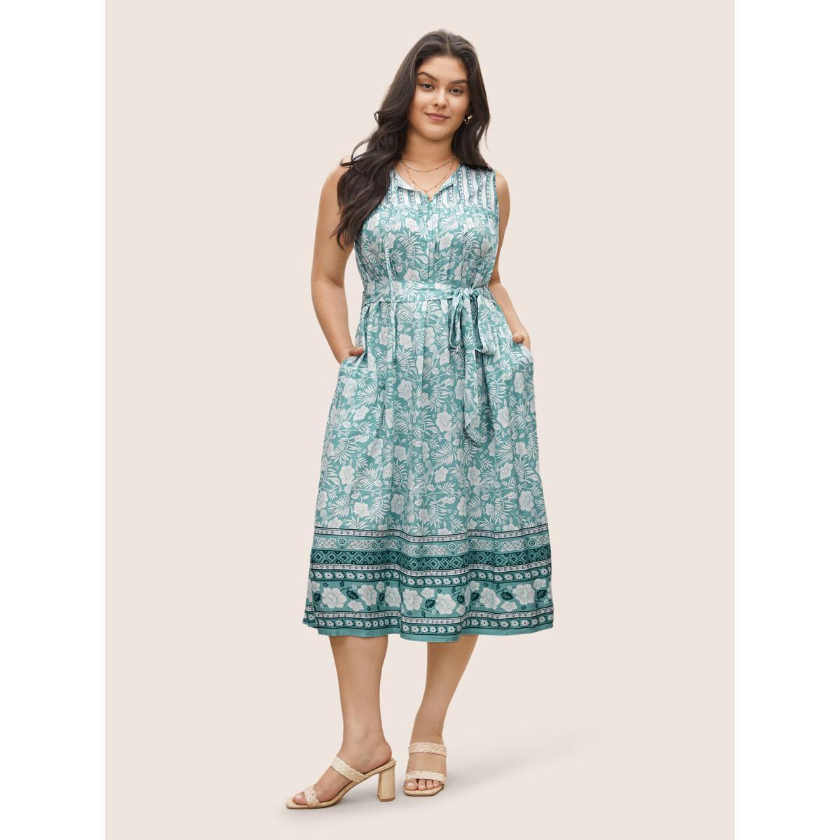 Plus Size Boho Print Tie Neck Belted Pleated Dress Turquoise Women Resort Non V-neck Sleeveless Curvy Midi Dress BloomChic 22-24/3X Product Image