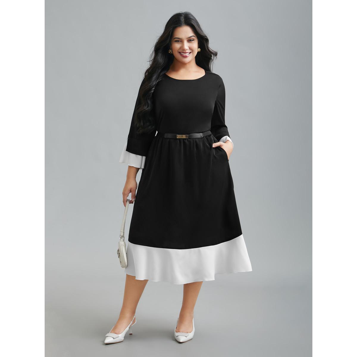 Plus Size Color Contrast Tiered Skirt Pocket Midi Dress Black Women At the Office Contrast Round Neck Elbow-length sleeve Curvy BloomChic 18-20/2X Product Image