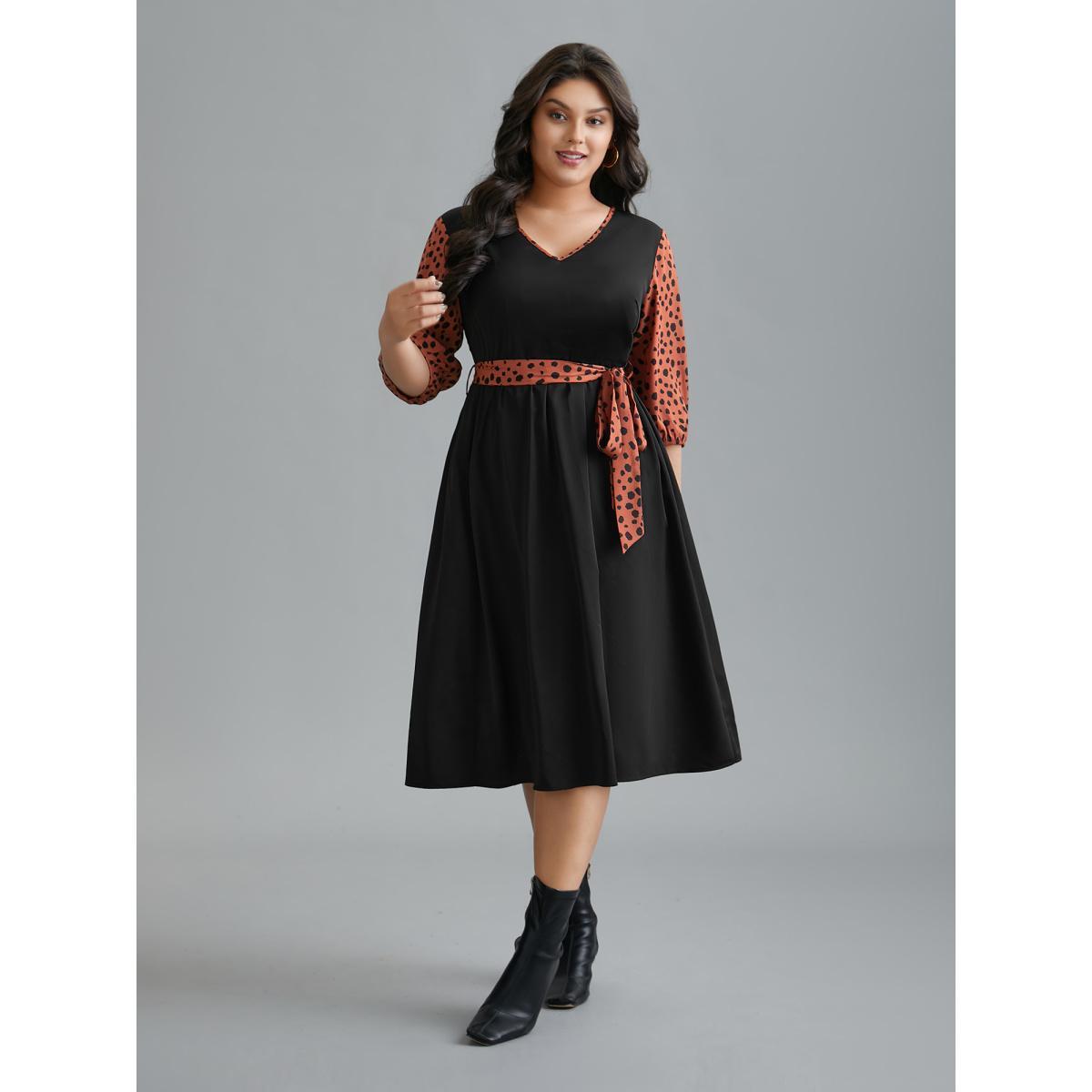 Plus Size V Neck Polka Dot Color contrast Dress Black Women Elegant Belted V-neck Elbow-length sleeve Curvy BloomChic 14-16/1X Product Image