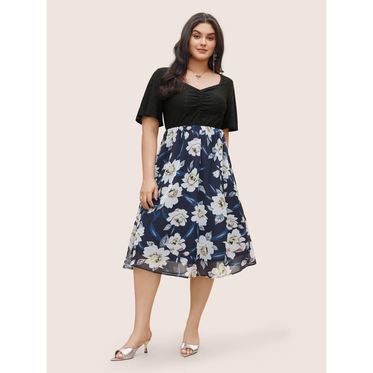 Plus Size Chiffon Floral Patchwork Ruched Hollow Out Dress DarkBlue Women Elegant Non Square Neck Short sleeve Curvy Midi Dress BloomChic 26/4X Product Image