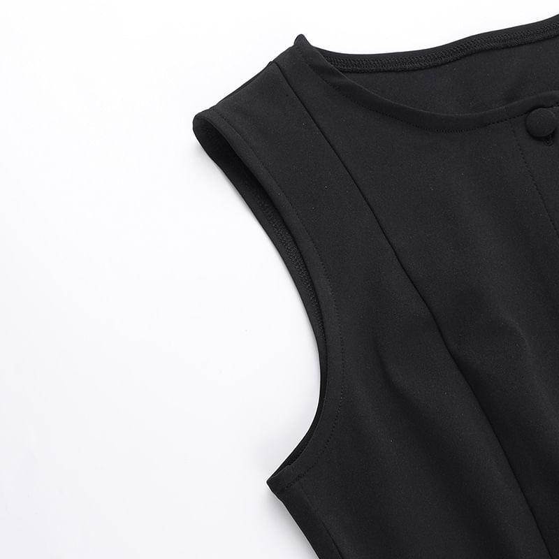 Sleeveless Round Neck Plain Button Mini A-Line Dress Product Image