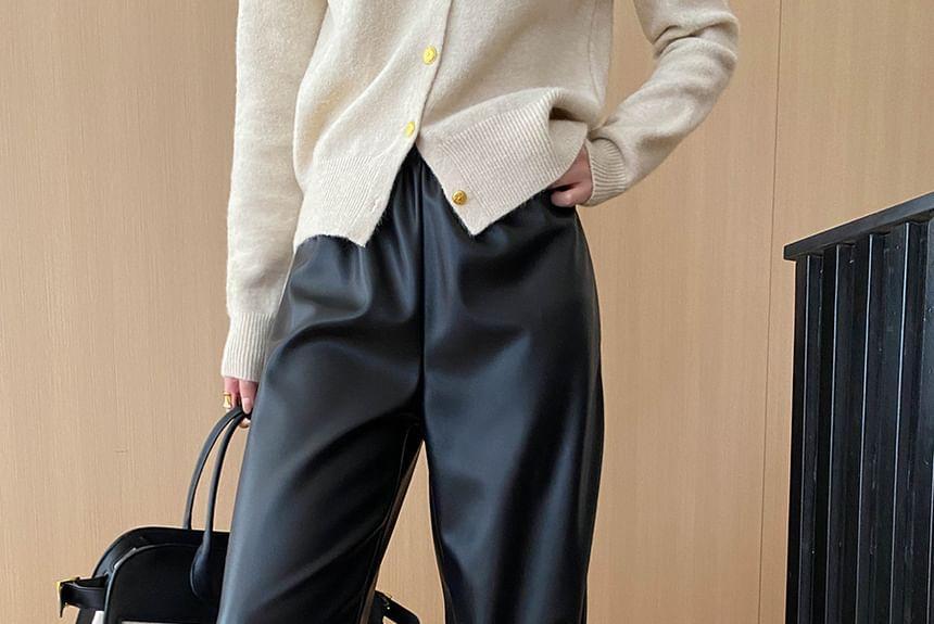 High Waist Plain Faux Leather Loose Fit Pants Product Image