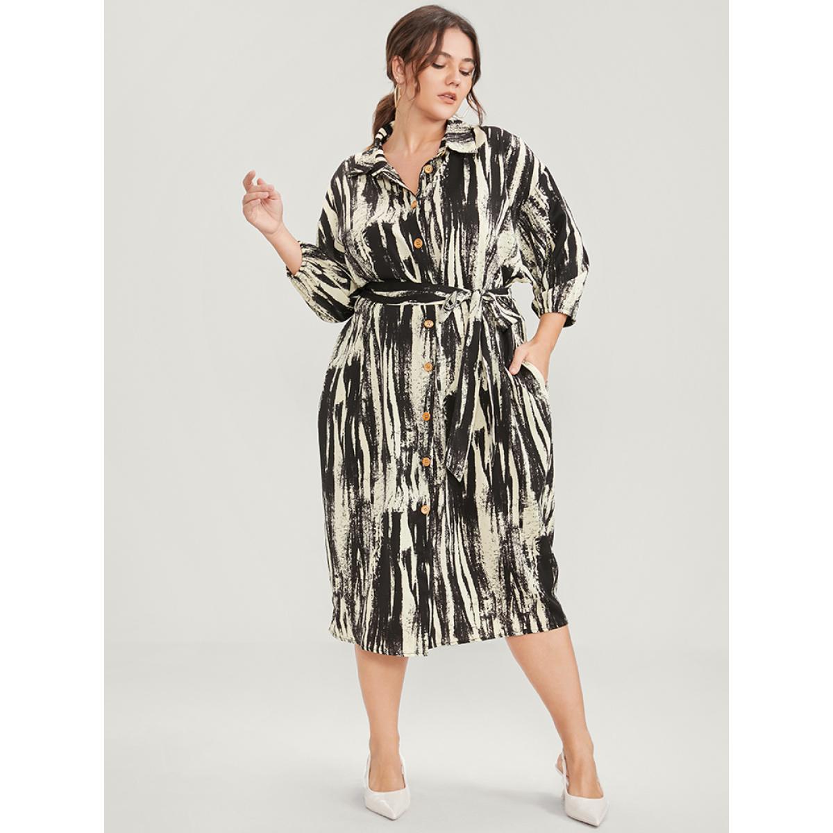 Plus Size Shirt Collar Pocket Belted Button Up Dress Black Women Office Belted Shirt collar Long Sleeve Curvy Midi Dress BloomChic 30/6X Product Image