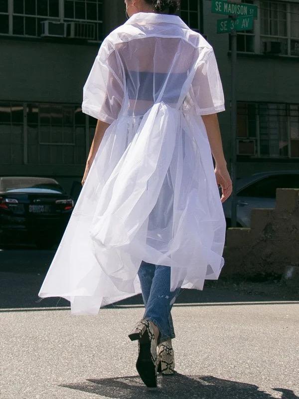 Half Sleeves High Waisted Pleated See-Through Solid Color Lapel Midi Dresses Shirt Dress Product Image