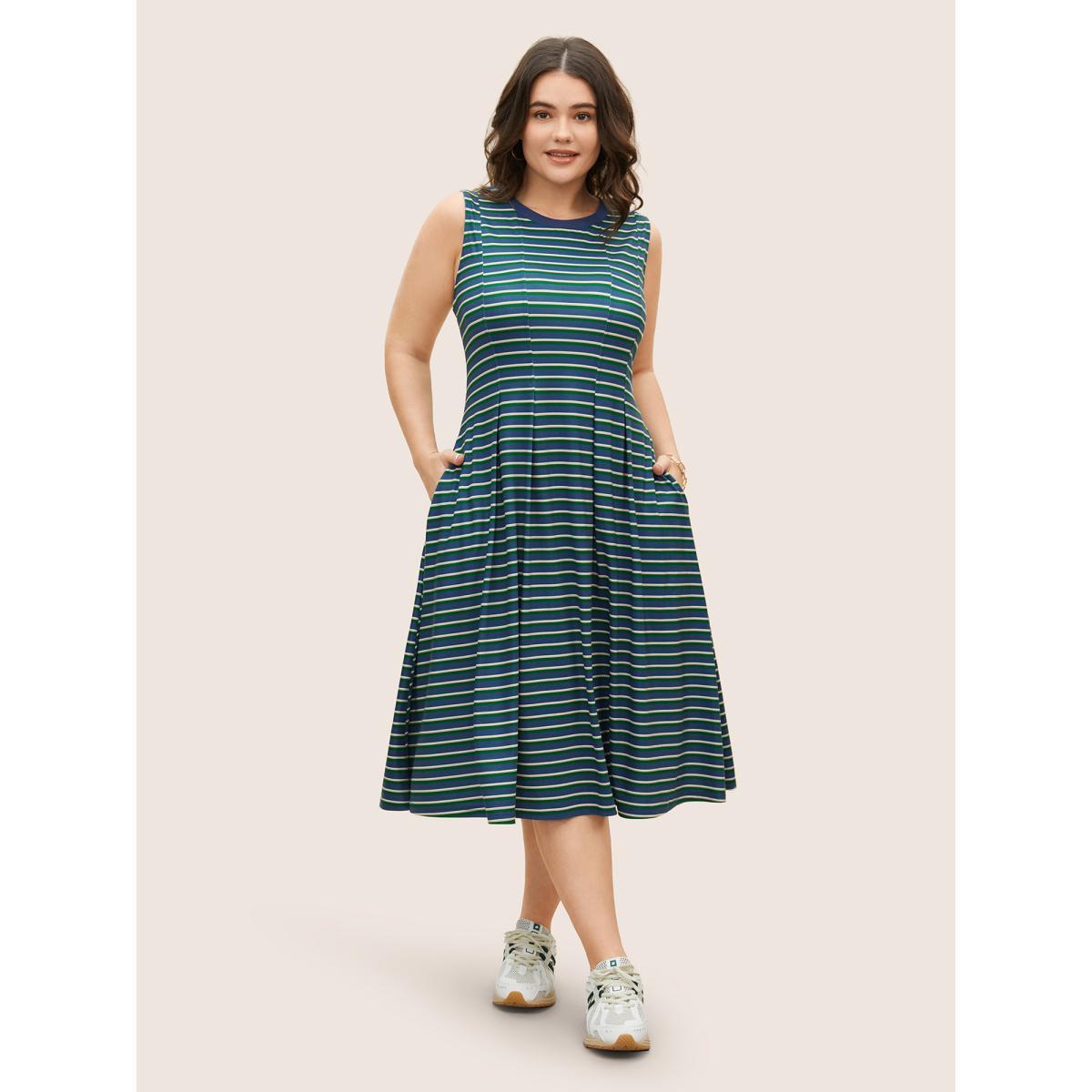 Plus Size Contrast Striped Pleated Pocket Tank Dress Mediumblue Women Casual Contrast Round Neck Sleeveless Curvy BloomChic 26/4X Product Image