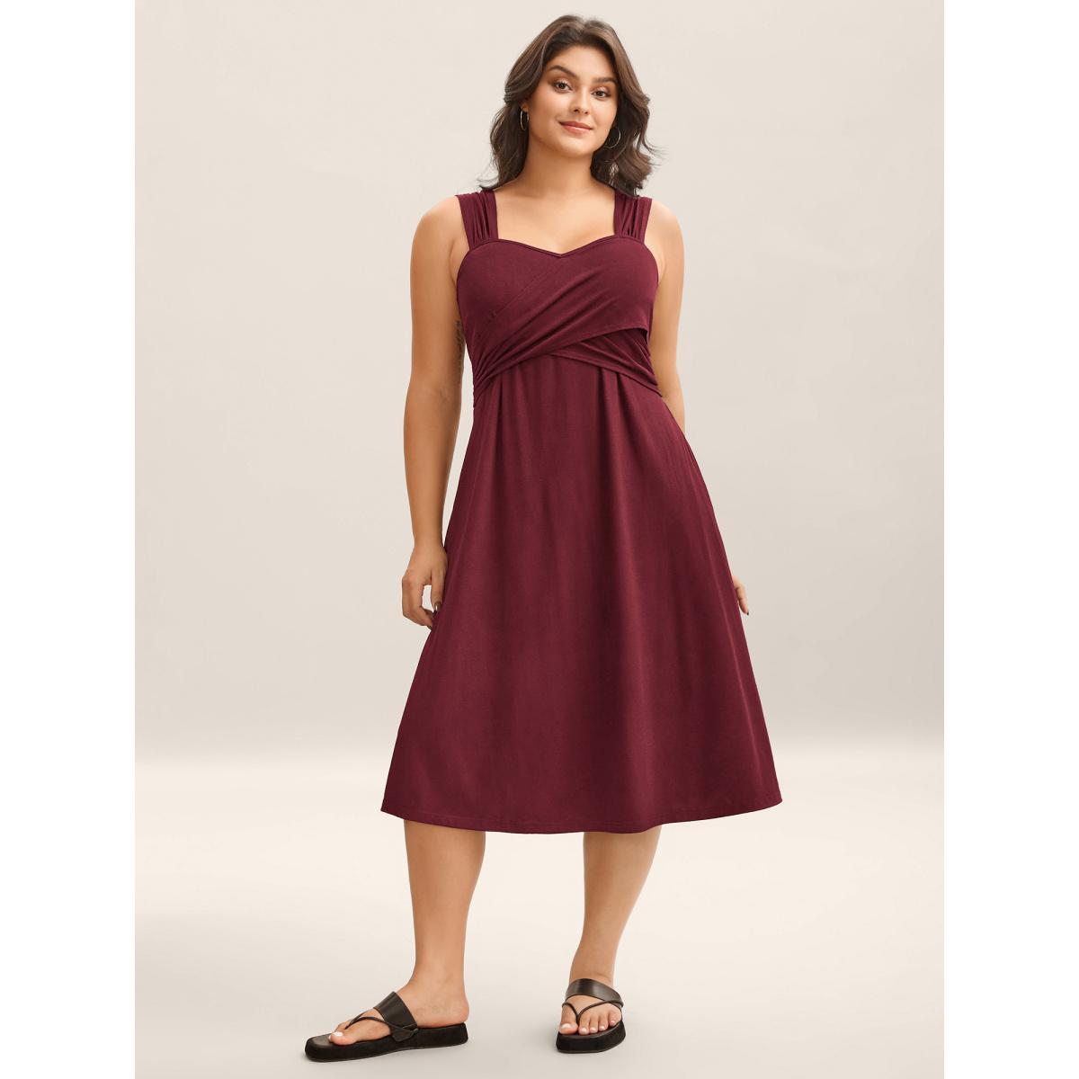 Plus Size Crosswrap Bodice Pockets Midi Dress Burgundy Women Heart neckline Sleeveless Curvy BloomChic 10/M Product Image