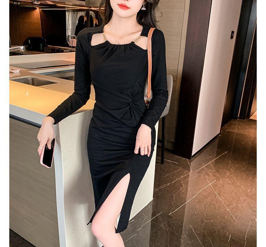 Long-Sleeve Round Neck Plain Cutout Twist Slit Sheath Dress (Various Designs) Product Image