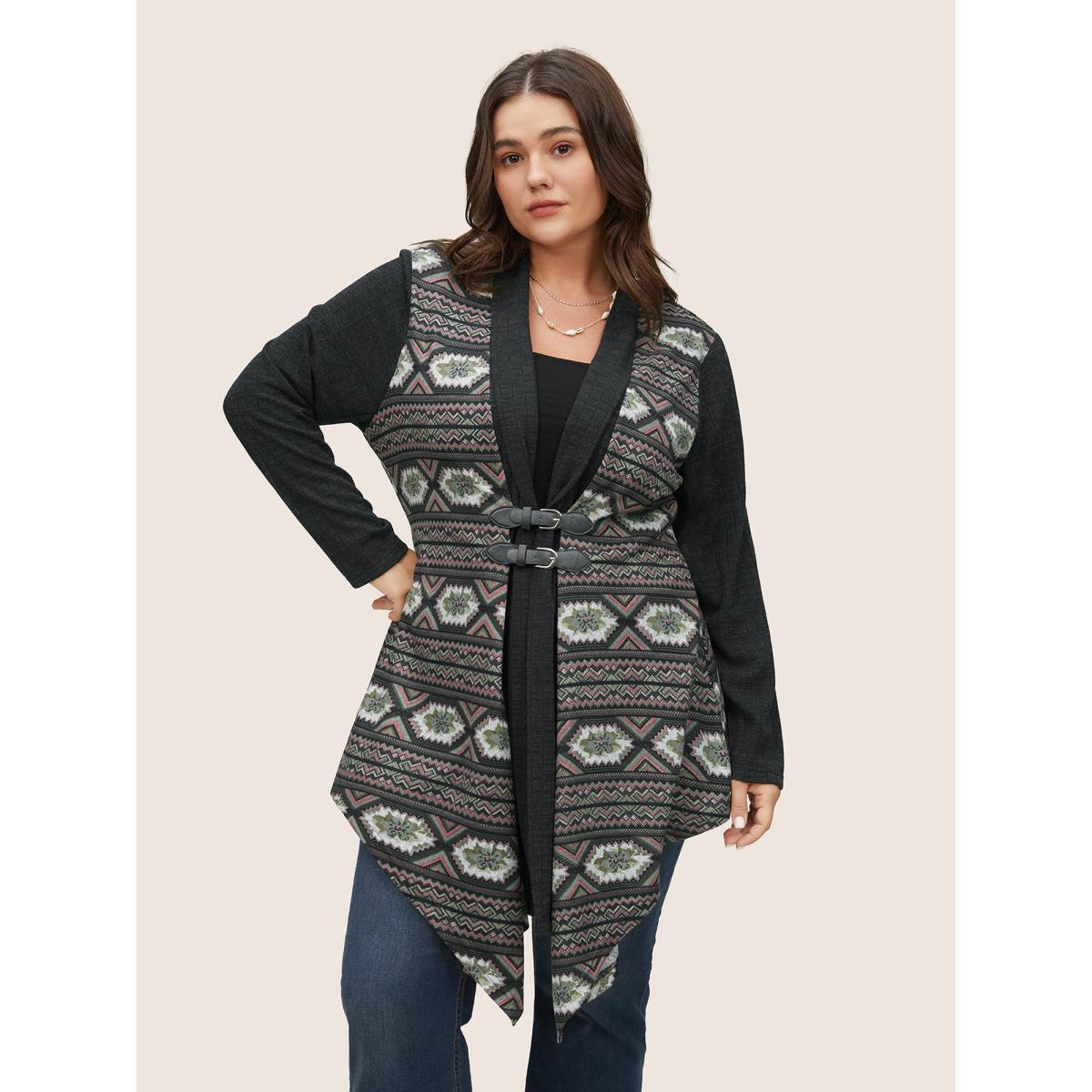 Plus Size Boho Print Patchwork Buckle Detail Hanky Hem Kimono Women Black Casual Non Everyday Kimonos BloomChic 28/5X Product Image