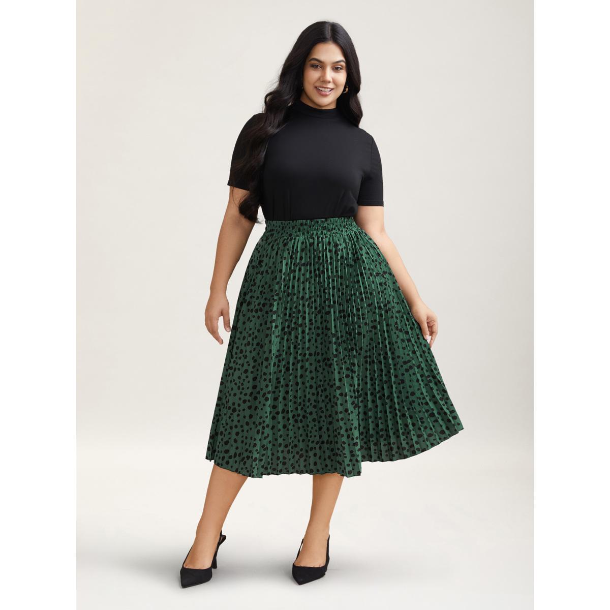 Plus Size Dot Print Pleated Midi Skirt Women Emerald Elegant Contrast Bodycon No stretch Everyday Skirts BloomChic 28/5X Product Image