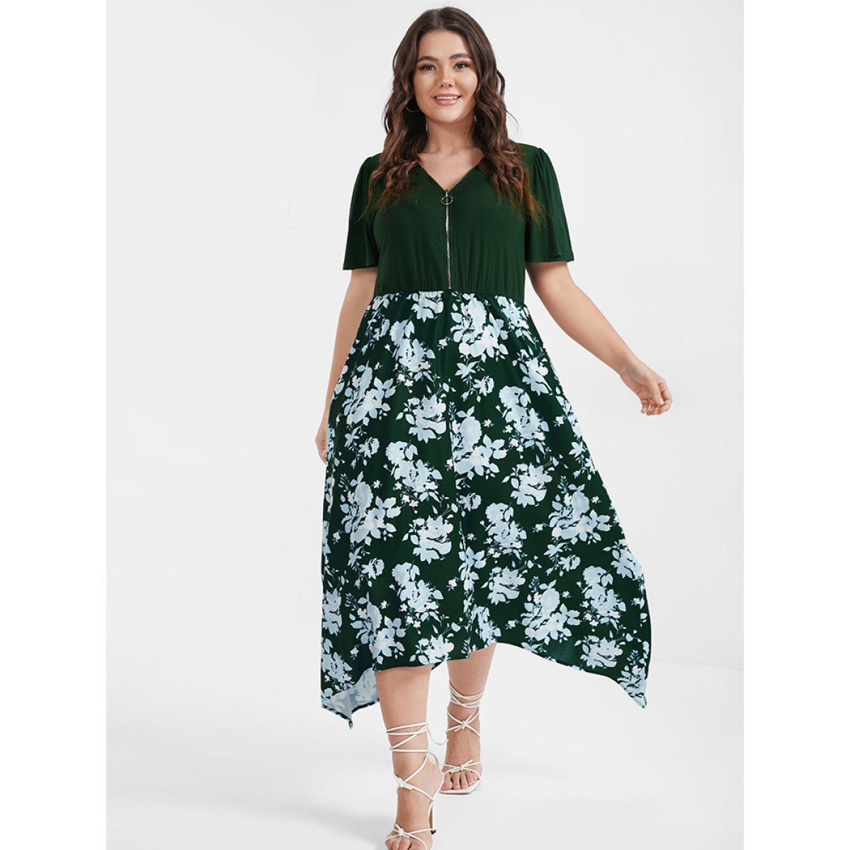 Plus Size Floral Patchwork Zipper Asymmetrical Hem Pocket Midi Dress DarkGreen Women Elegant Patchwork V-neck Short sleeve Curvy Midi Dress BloomChic 14-16/1X Product Image
