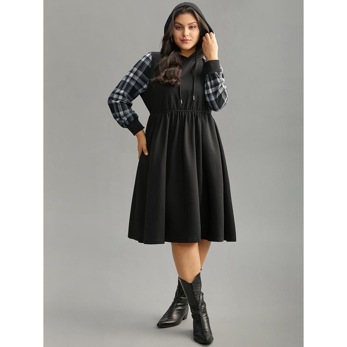 Plus Size Plaid Patchwork Drawstring Pocket Hooded Dress Black Women Casual Printed Hooded Long Sleeve Curvy Midi Dress BloomChic 14-16/1X Product Image