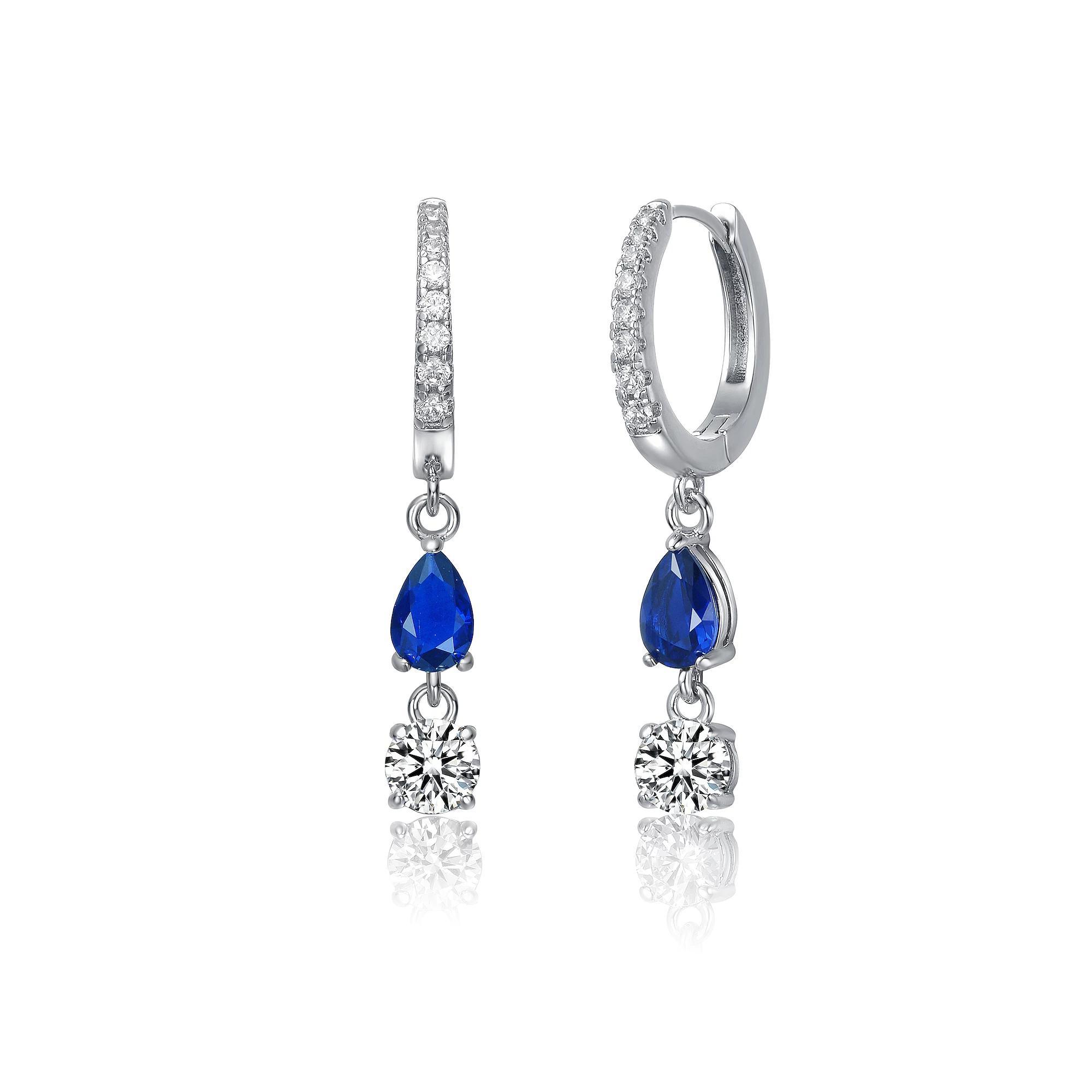 Two-Stone Cubic Zirconia Dangle Huggie Hoop Earrings, Womens, Silver Tone Blue Product Image
