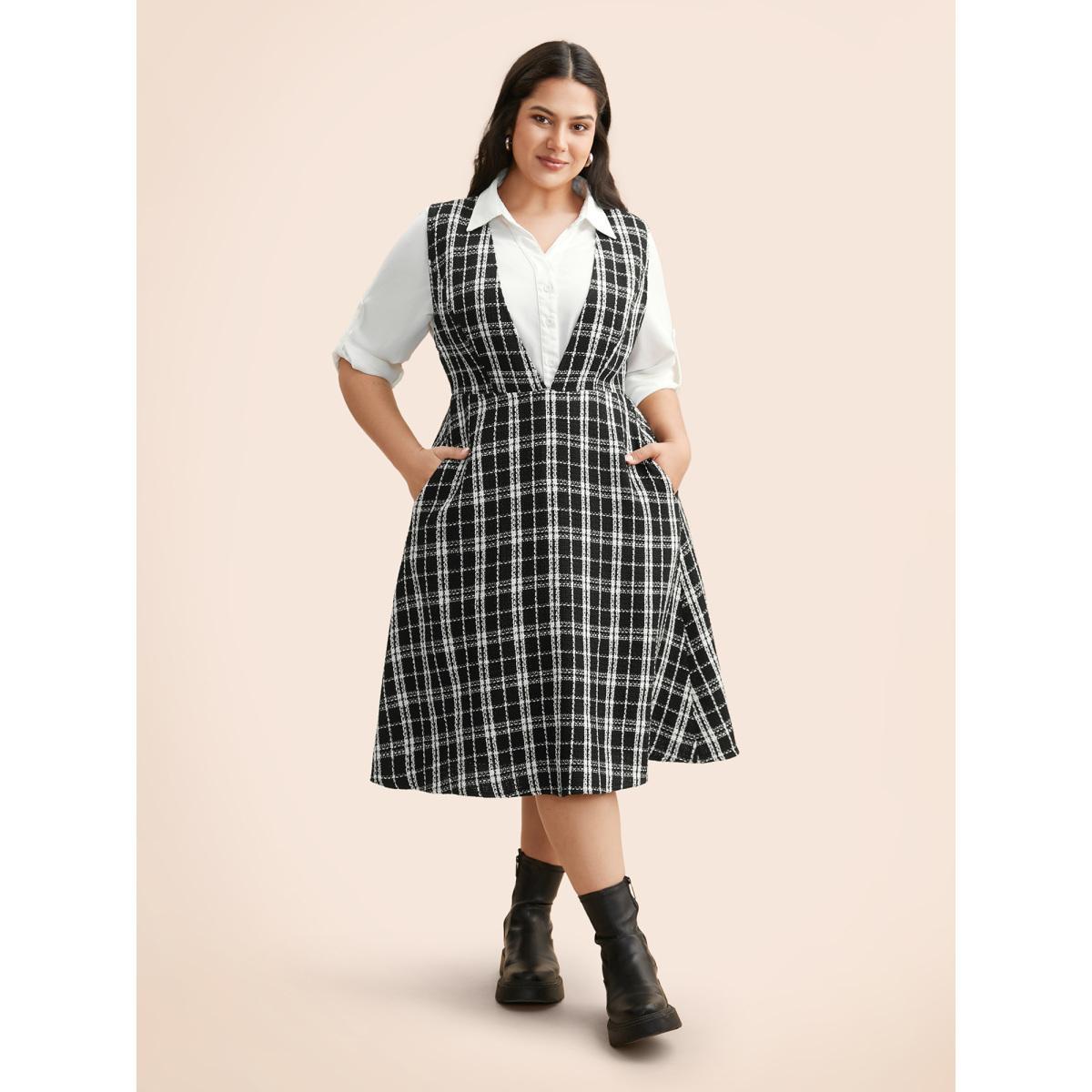 Plus Size Tweed Elastic Waist Overall Dress Black Women Elegant Texture Deep V-neck Sleeveless Curvy BloomChic 14-16/1X Product Image