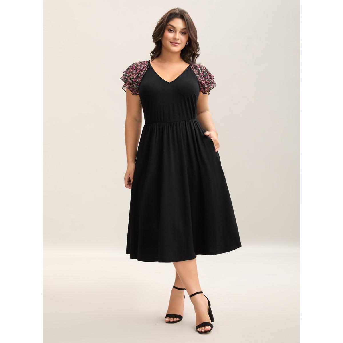 Plus Size Floral Sleeves Spliced Pockets Midi Dress Black Women V-neck Cap Sleeve Curvy BloomChic 10/M Product Image