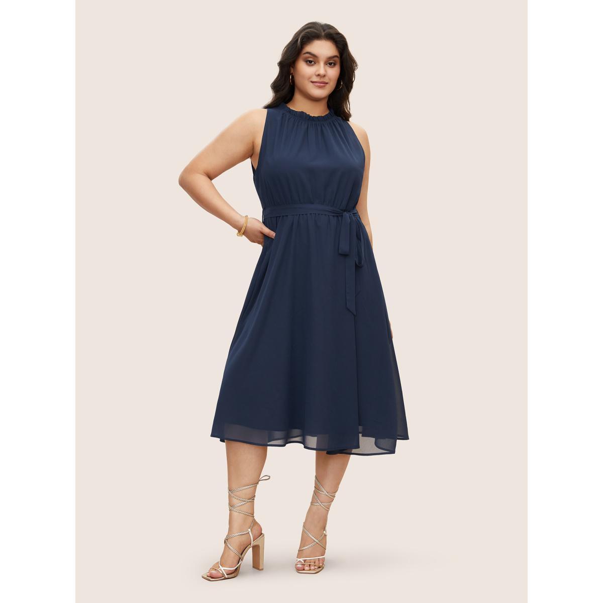 Plus Size Plain Sleeveless Frill Trim Pocket Belted Mock Neck Dress DarkBlue Women At the Office Pocket Mock Neck Sleeveless Curvy Midi Dress BloomChic 18-20/2X Product Image