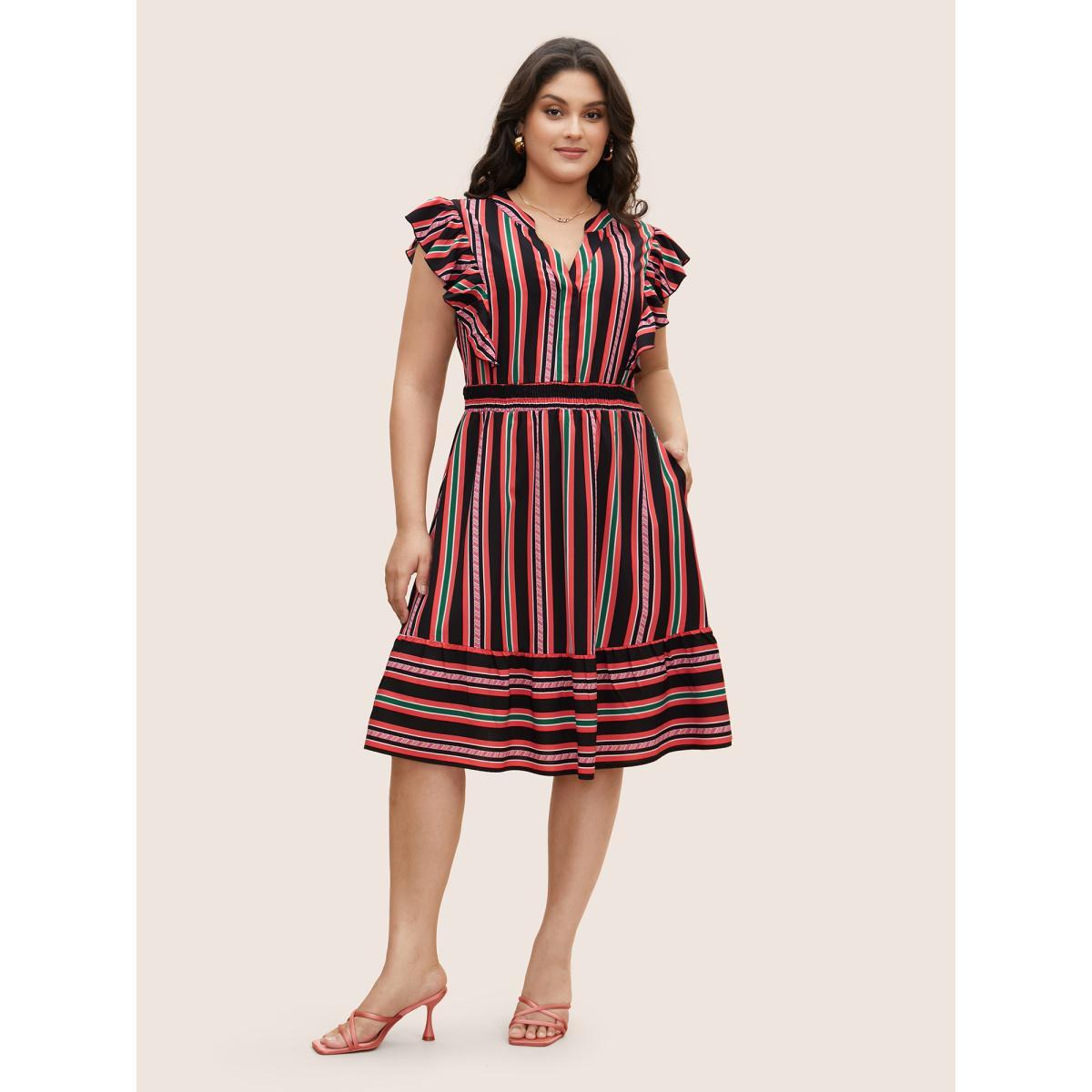 Plus Size Contrast Striped Ruffle Cap Sleeve Dress Black Women Elegant Ruffles Notched collar Cap Sleeve Curvy BloomChic 28/5X Product Image