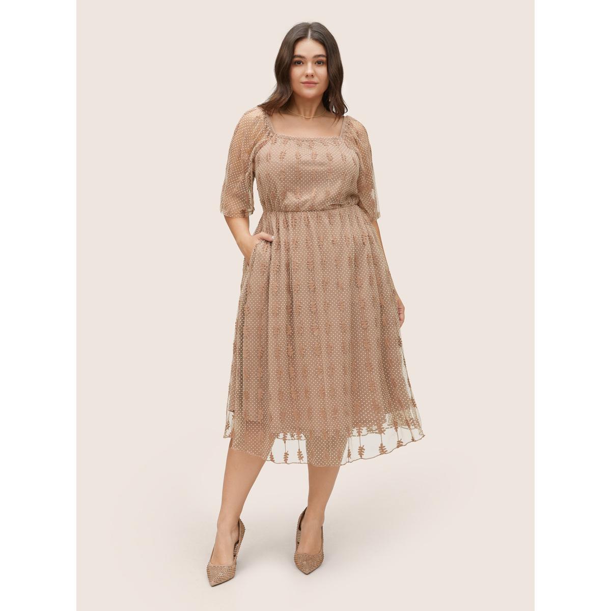 Plus Size Square Neck Texture Embroidered Mesh Dress Tan Women Elegant Non Square Neck Short sleeve Curvy Midi Dress BloomChic 28/5X Product Image