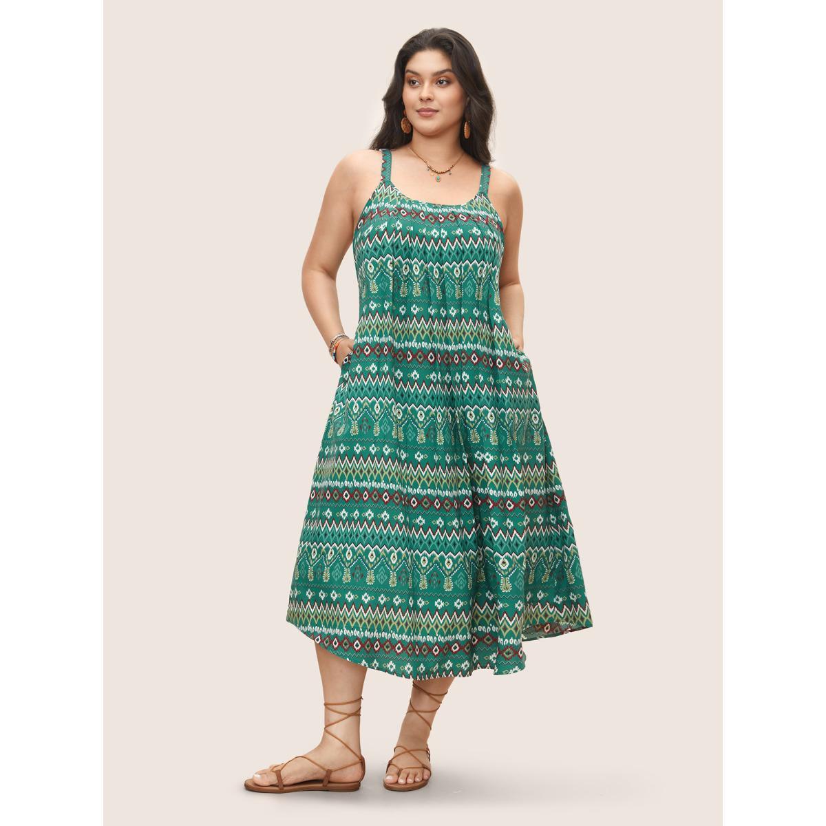 Plus Size Bandana Geometric Pleated Cami Dress Emerald Women Resort Pleated Non Sleeveless Curvy Midi Dress BloomChic 12/L Product Image