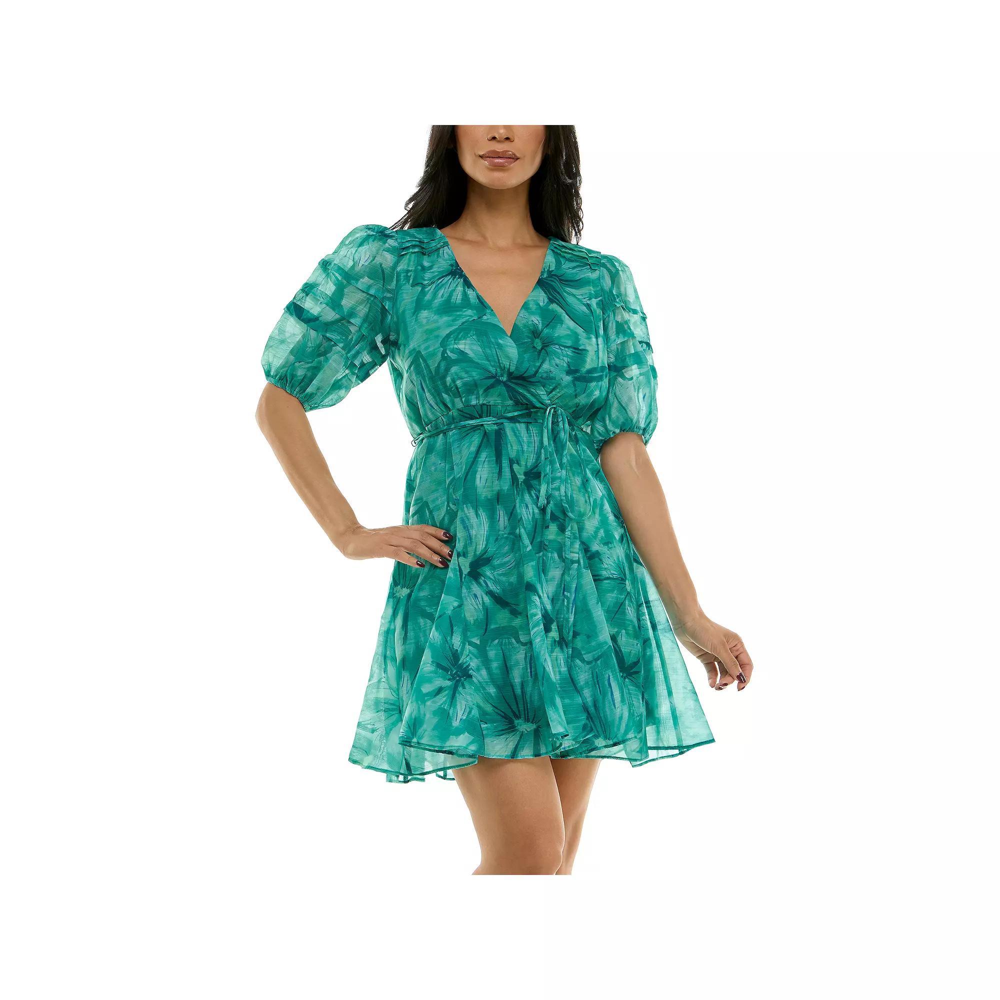 Women's Maison Tara Surplice Neck Puffed Sleeve Fit & Flare Mini Dress, Size: 6, Blue Teal Product Image