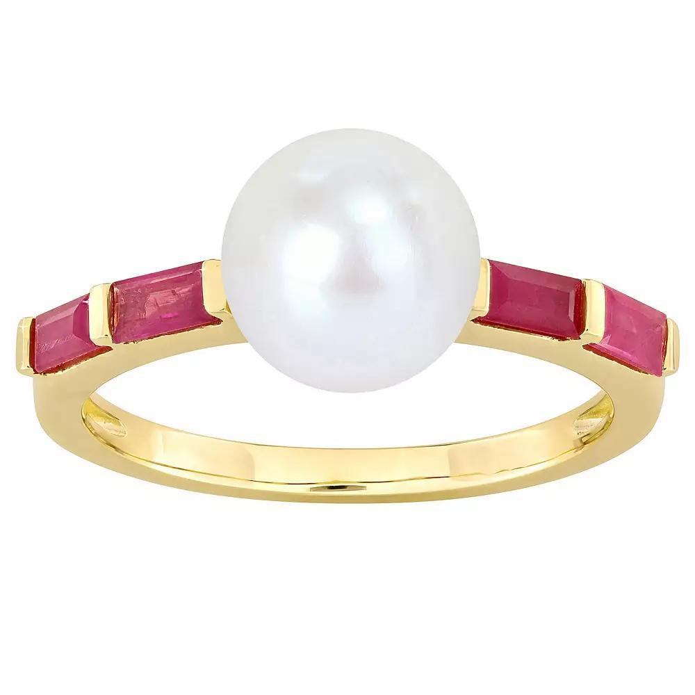 Stella Grace 10k Gold Freshwater Cultured Pearl & Ruby Stackable Ring, Women's, Size: 7 Product Image