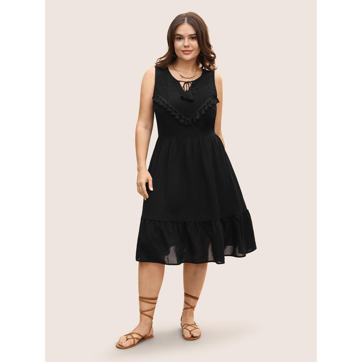 Plus Size Lace Panel Tassel Trim Mesh Tank Dress Black Women Resort Woven ribbon&lace trim Flat collar with V-notch Sleeveless Curvy BloomChic 10/M Product Image