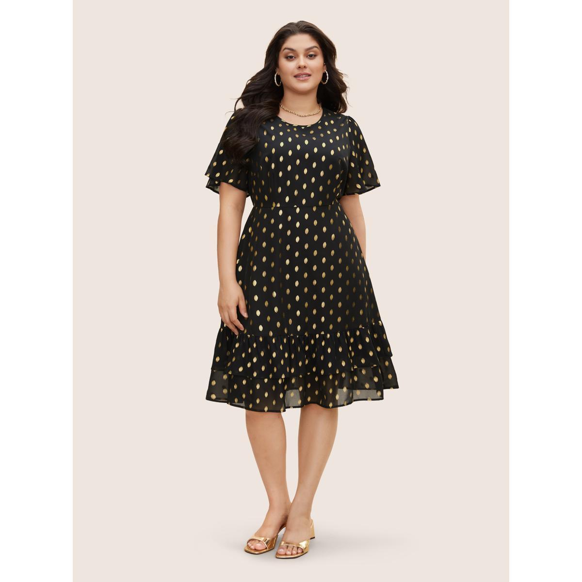 Plus Size Glitter Polka Dot Patchwork Ruffles Dress Black Women Cocktail See through Round Neck Short sleeve Curvy BloomChic 12/L Product Image