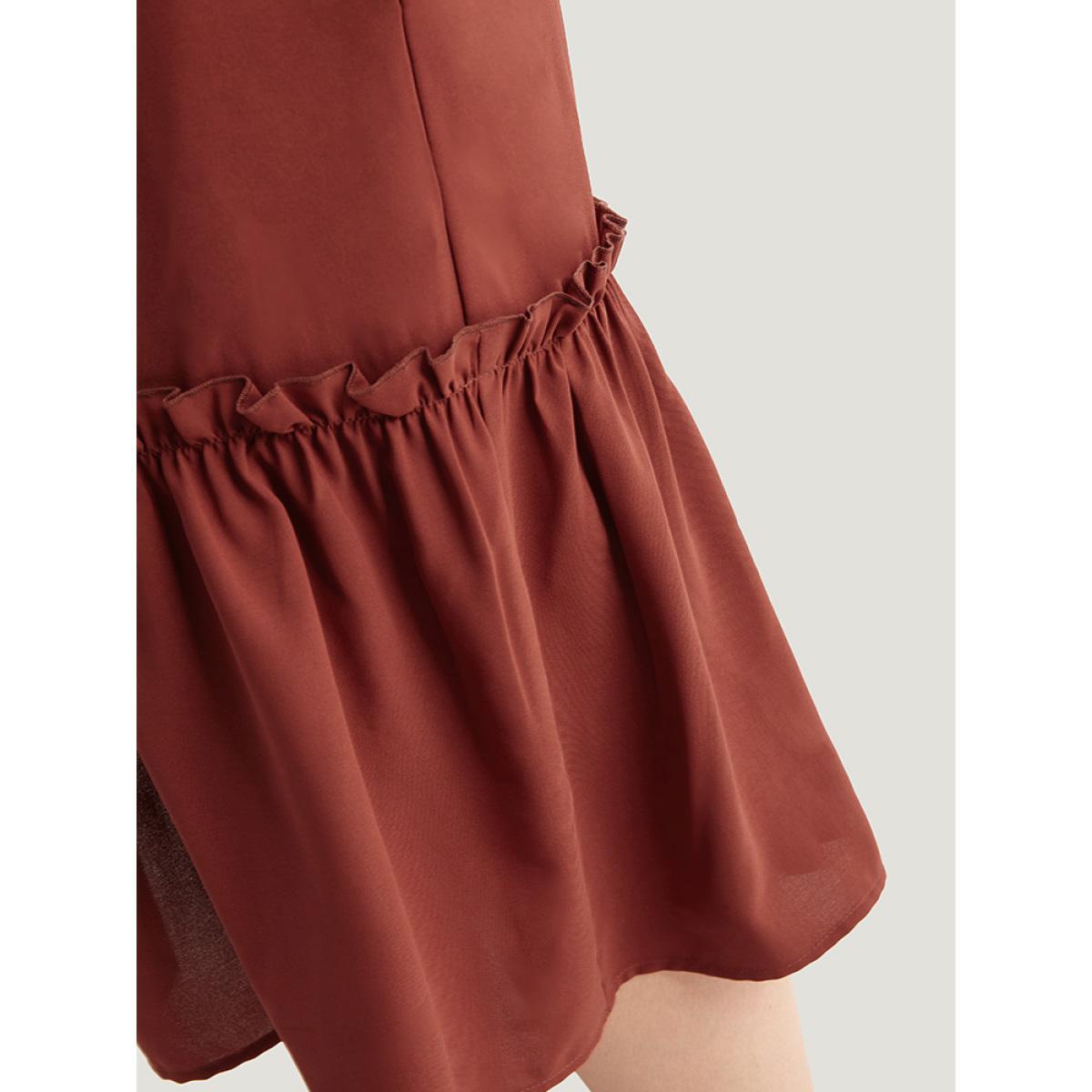 Plus Size Guipure Lace Frill Trim Cut Out Ruffle Hem Dress Russet Women Casual Gathered Round Neck Elbow-length sleeve Curvy Midi Dress BloomChic 18-20/2X Product Image