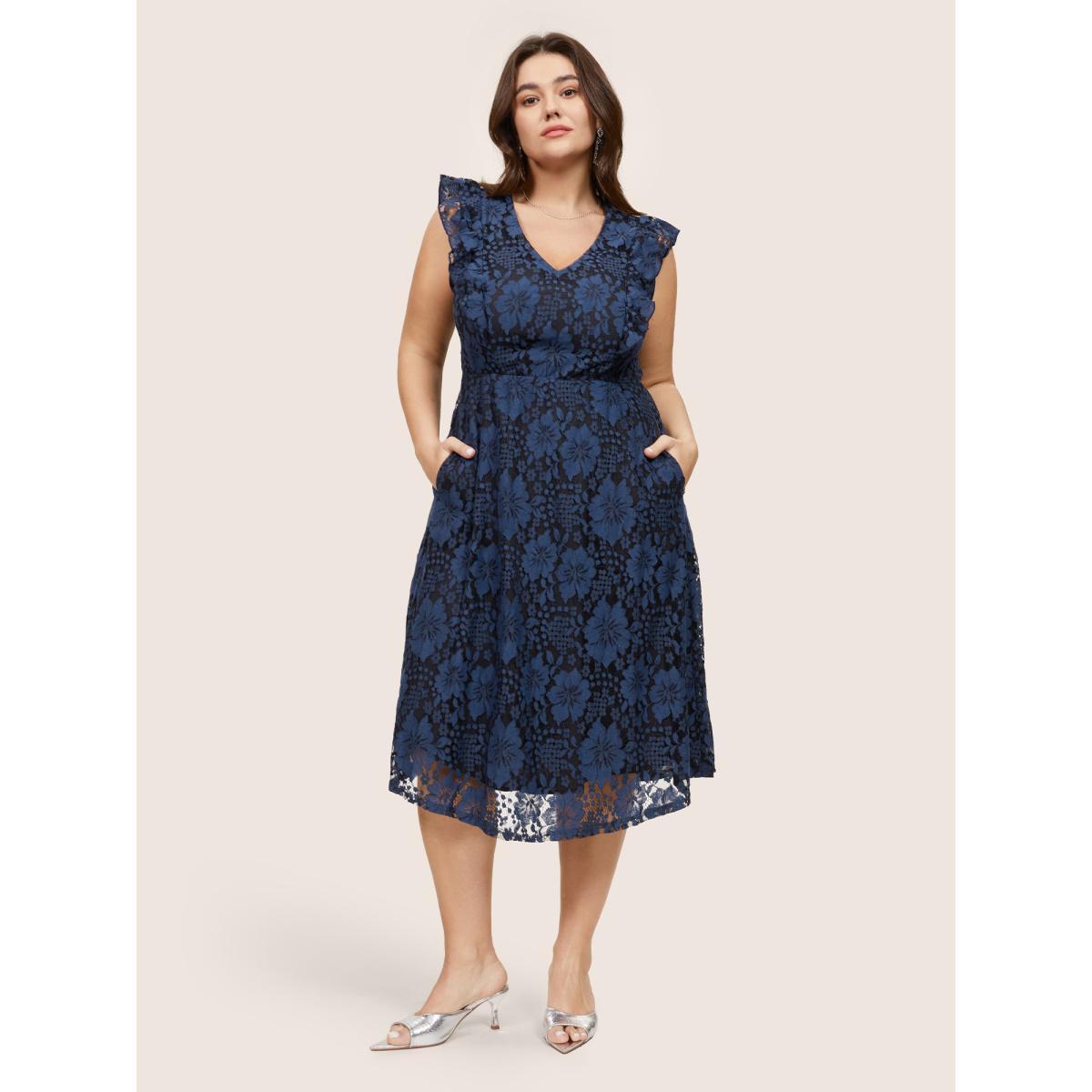 Plus Size Eyelet Lace Pocket Ruffle Trim Sleeveless Dress Black Women Glamour Lace V-neck Sleeveless Curvy Midi Dress BloomChic 18-20/2X Product Image