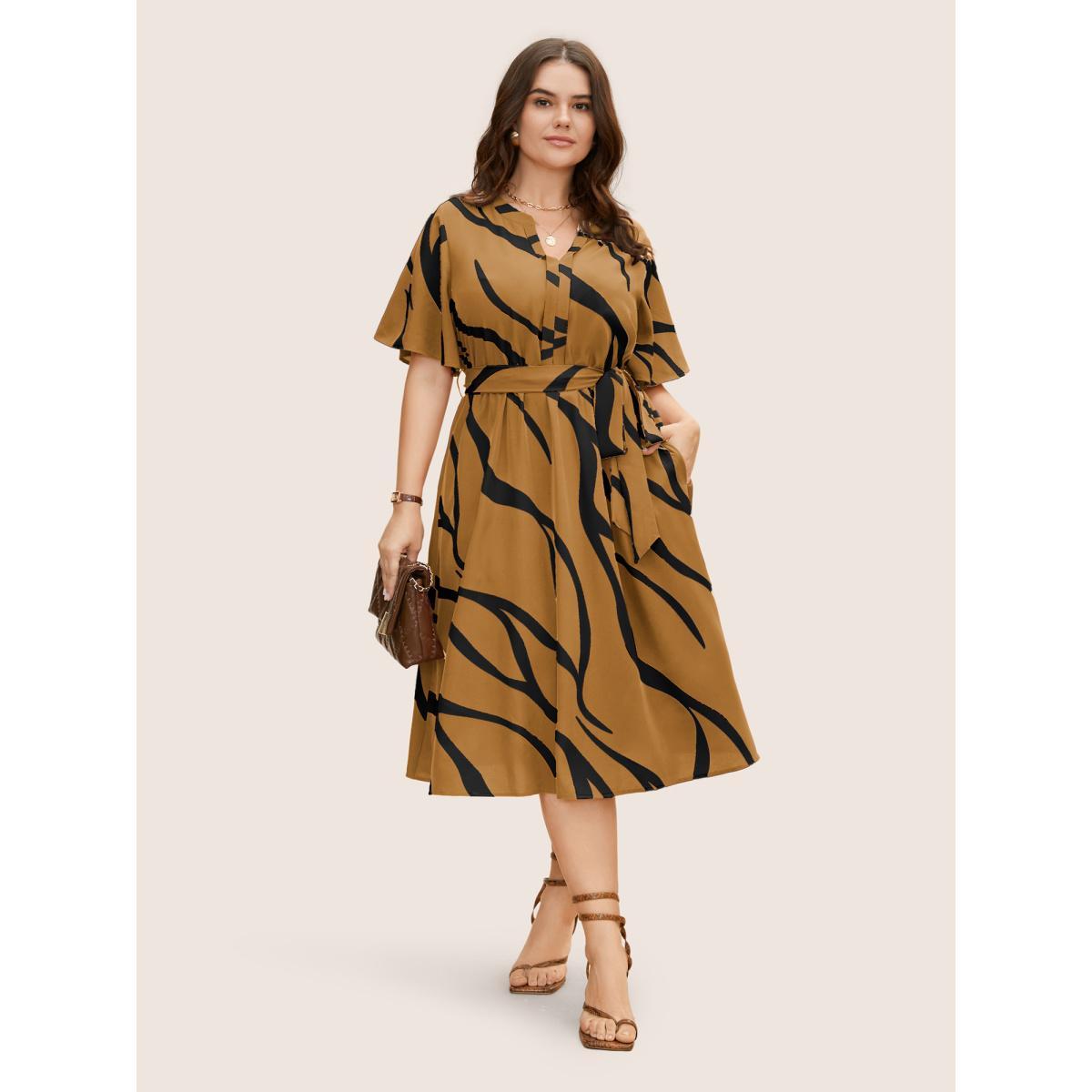 Plus Size Geometric Surplice Neck Tie Knot Midi Dress Wheat Women At the Office Belted Flat collar with V-notch Short sleeve Curvy BloomChic 14-16/1X Product Image