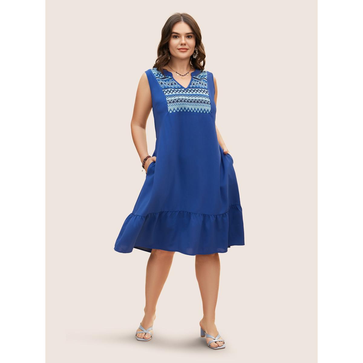 Plus Size Notched Collar Geometric Patchwork Sleeveless Dress Brightblue Women Resort Non Notched collar Sleeveless Curvy BloomChic 12/L Product Image