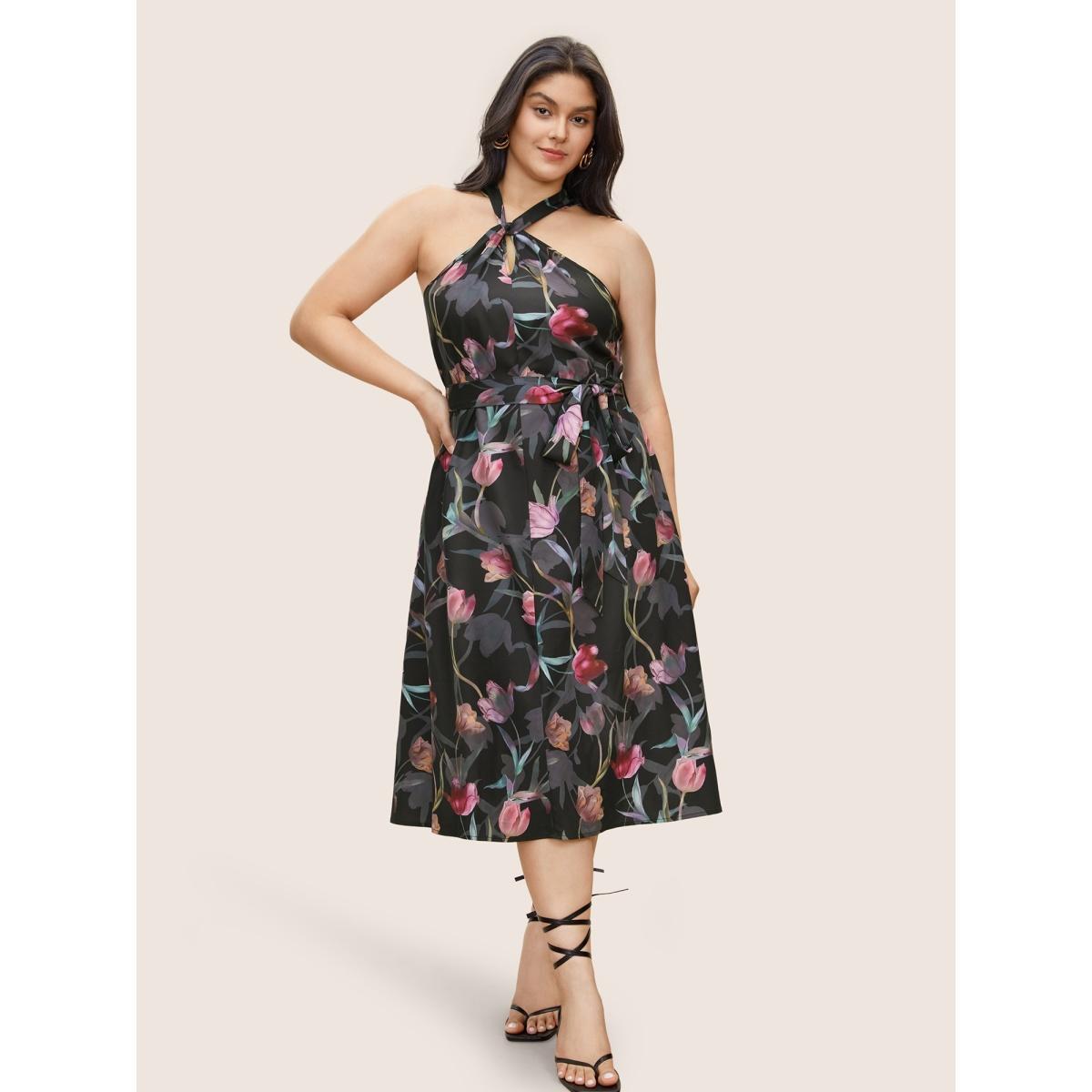 Plus Size Floral Halter Belted Twist Front Pocket Dress BlackFlower Women Elegant Belted Halter neck Sleeveless Curvy Midi Dress BloomChic 30/6X Product Image