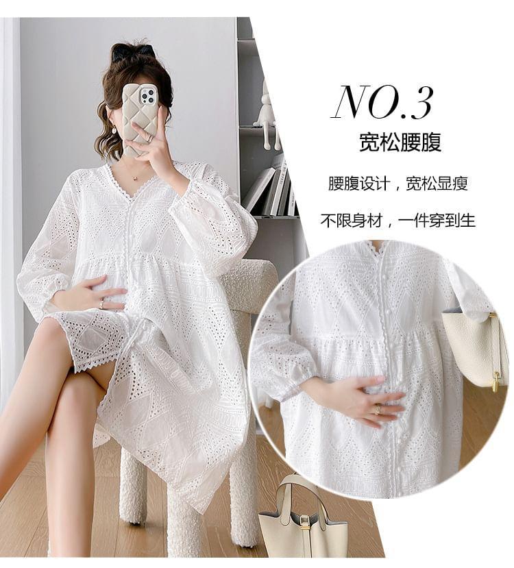 Maternity Puff-Sleeve V-Neck Plain Mini Dress Product Image