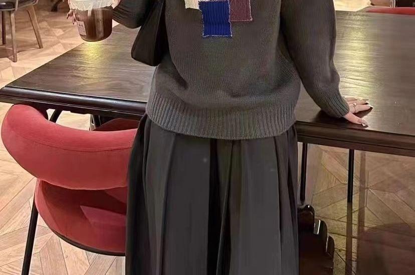 Crew Neck Patchwork Oversized Sweater Product Image