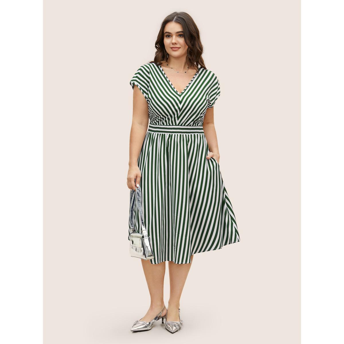 Plus Size Striped Shirred Dolman Sleeve Dress Truegreen Women At the Office V-neck Cap Sleeve Curvy BloomChic 22-24/3X Product Image