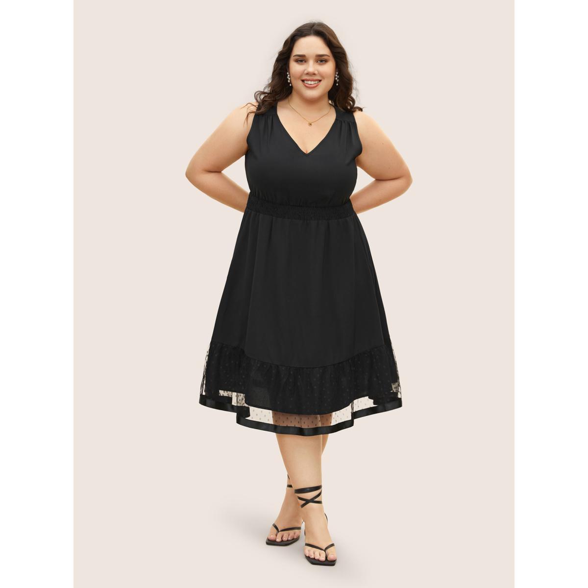 Plus Size Plain Patchwork Polka Dot Mesh Sleeveless Dress Black Women Elegant Woven ribbon&lace trim V-neck Sleeveless Curvy BloomChic 10/M Product Image