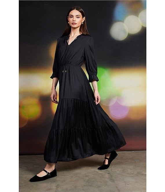 Skies Are Blue Split Tie Neck 3/4 Sleeve Tiered Ruffle Maxi Dress Product Image