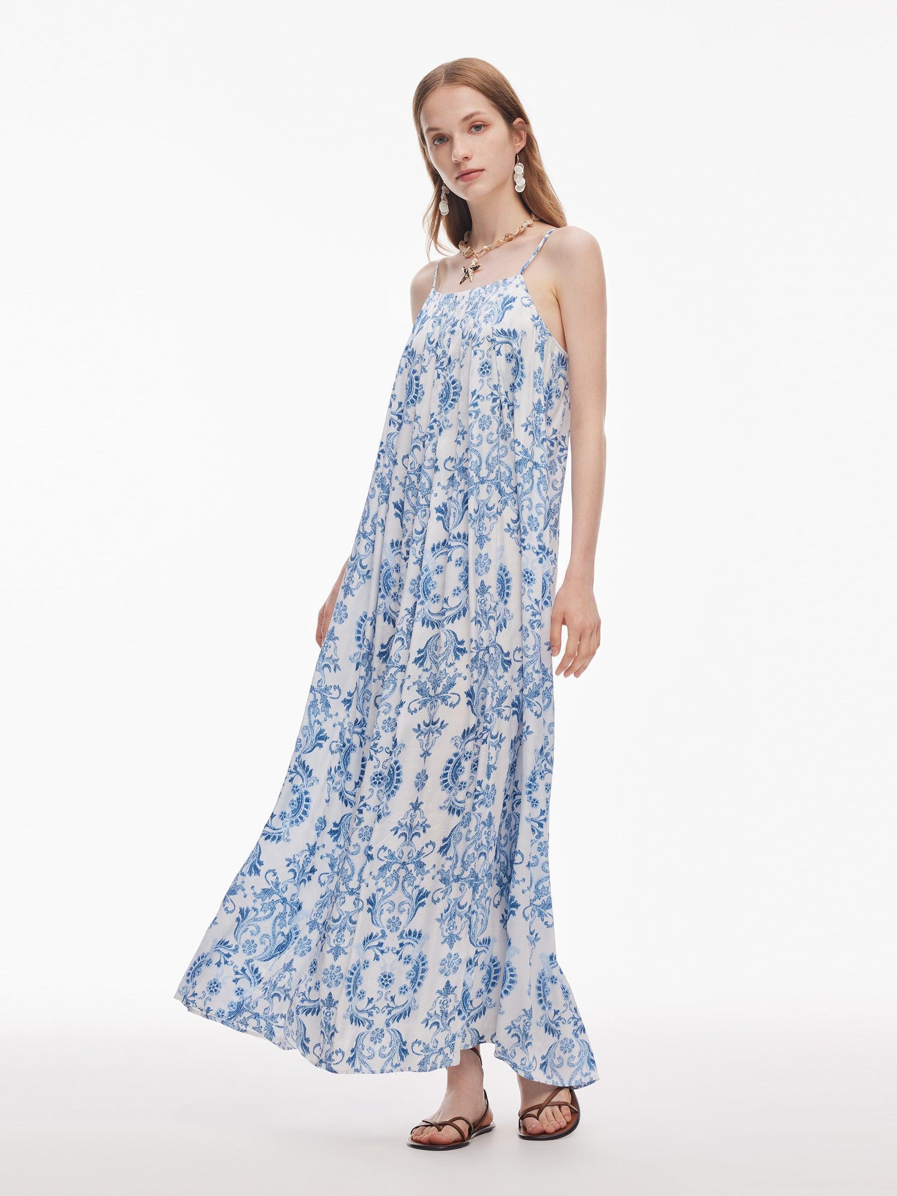 Floral Print Pleated Women Adjustable Straps Maxi Dress Product Image