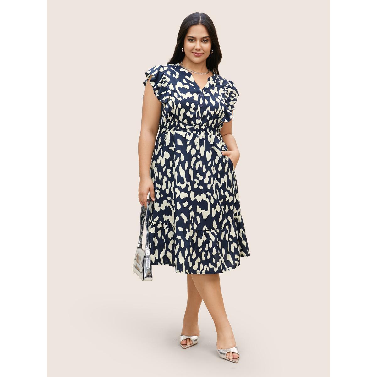 Plus Size Notched Leopard Print Cap Sleeve Ruffles Dress Navy Women At the Office Notched collar Cap Sleeve Curvy BloomChic 10/M Product Image