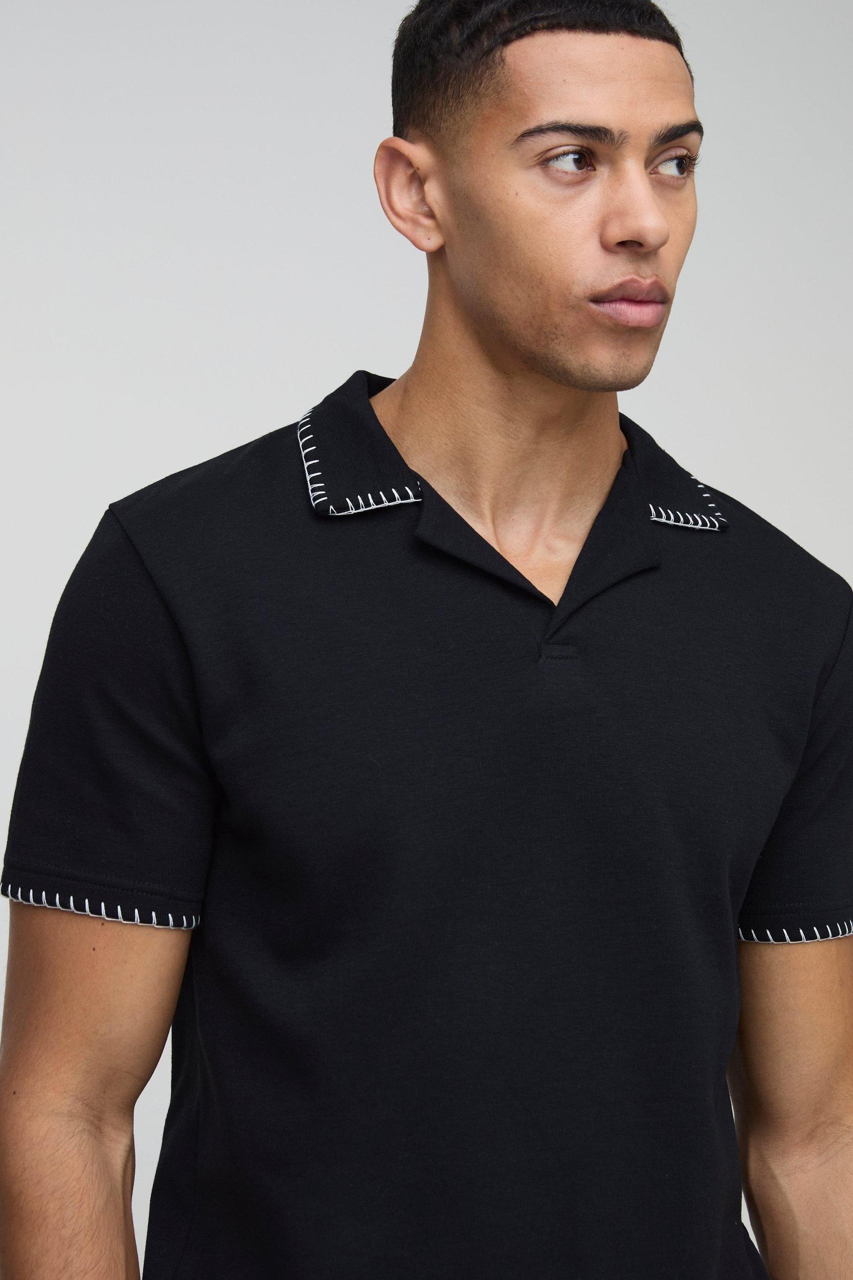 Regular Fit Interlock Blanket Stitch Revere Polo | boohooMAN USA Product Image