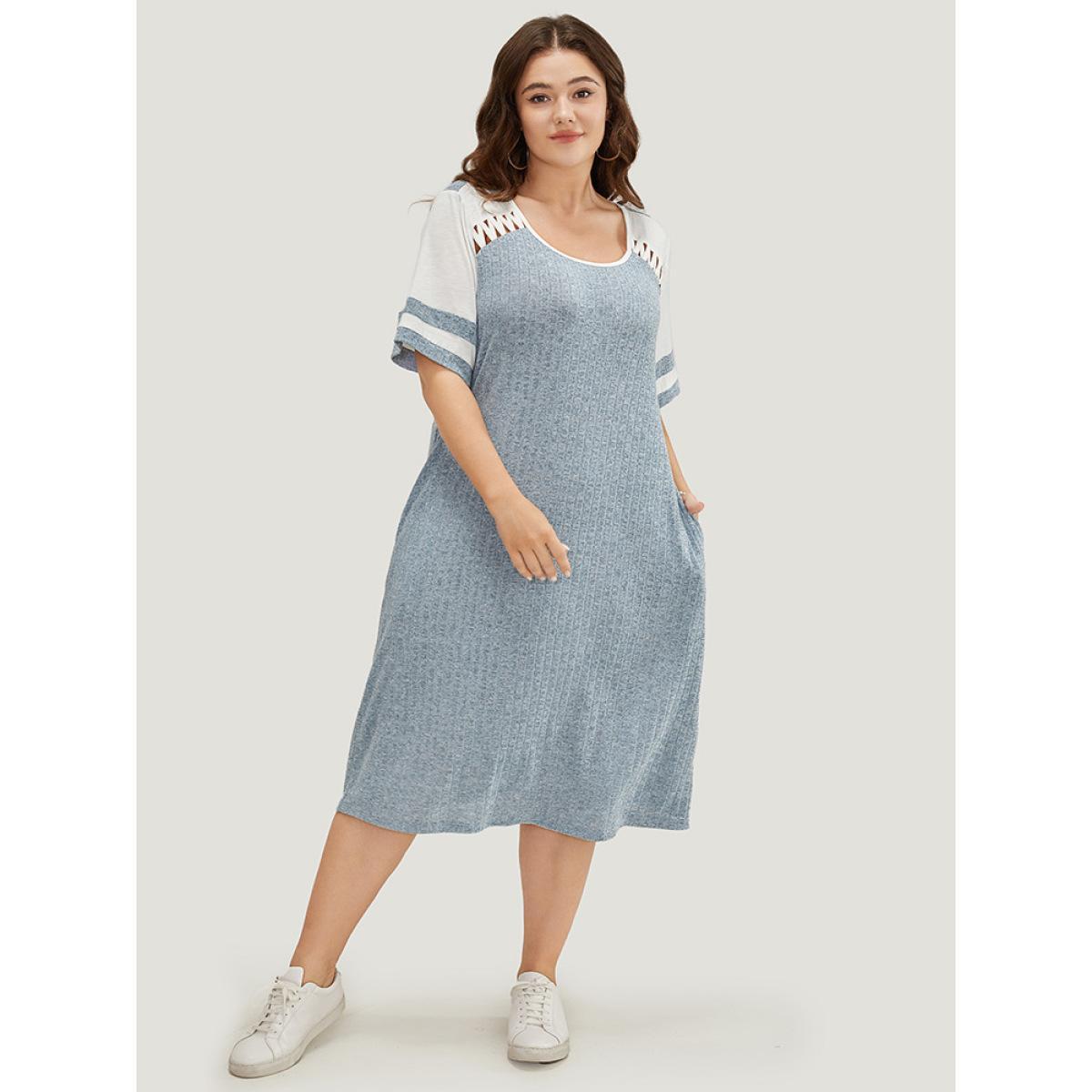 Plus Size Colorblock Contrast Pocket Crisscross Detail Rib Knit Dress Stone Women Casual Contrast Round Neck Short sleeve Curvy Midi Dress BloomChic 14-16/1X Product Image