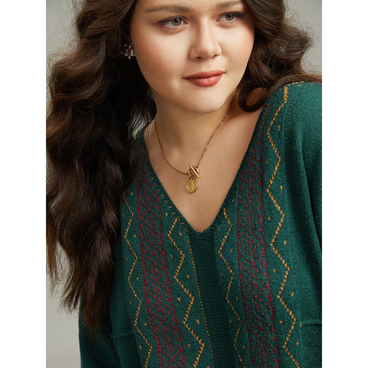 Plus Size Bandana Embroidered Drop Shoulder Elastic Cuffs Pullover DarkGreen Women Casual Loose Long Sleeve V-neck Dailywear Pullovers BloomChic 22-24/3X Product Image