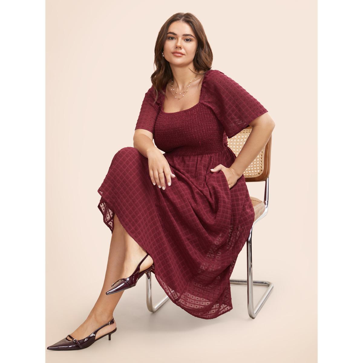 Plus Size Square Neck Textured Shirred Midi Dress Burgundy Women Elegant Texture Square Neck Short sleeve Curvy BloomChic 18-20/2X Product Image