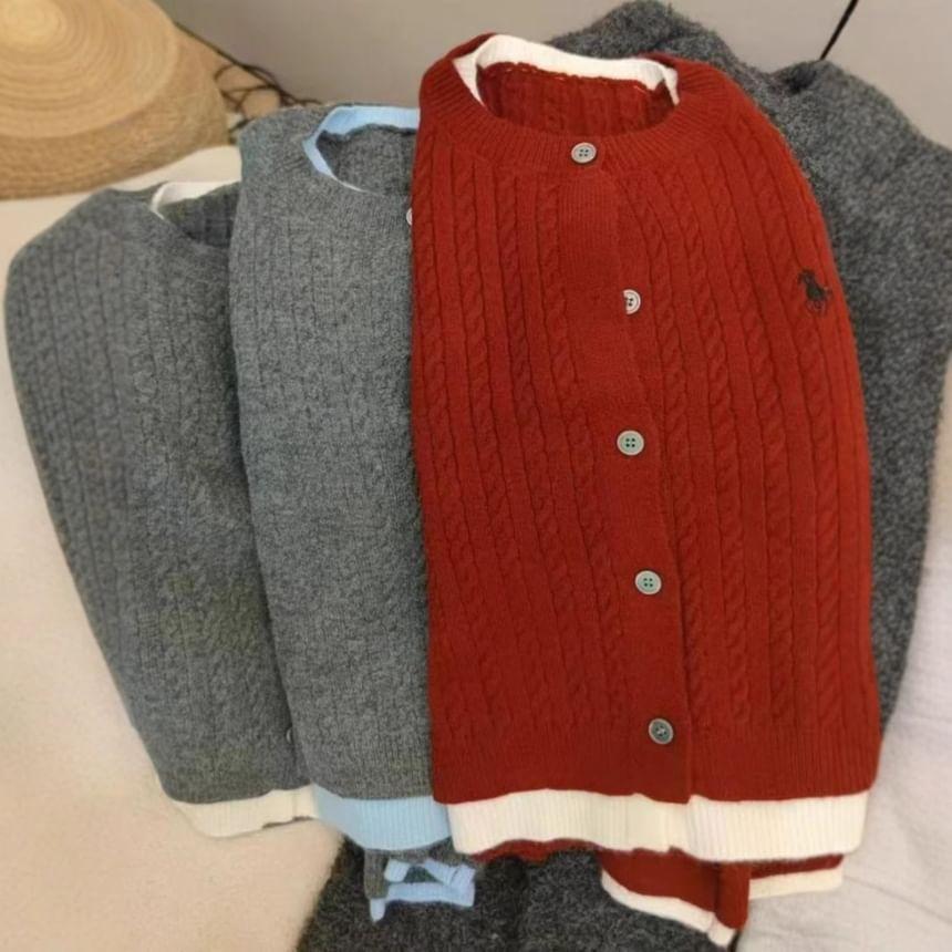 Mock Two-Piece Round Neck Two Tone Cable Knit Cardigan Product Image