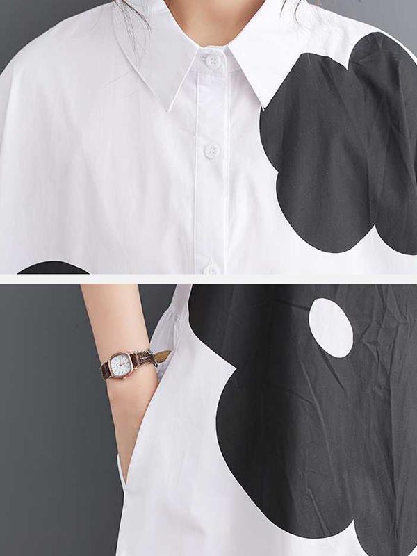 Loose Short Sleeves Buttoned Floral Printed Lapel Collar Midi Dresses Product Image