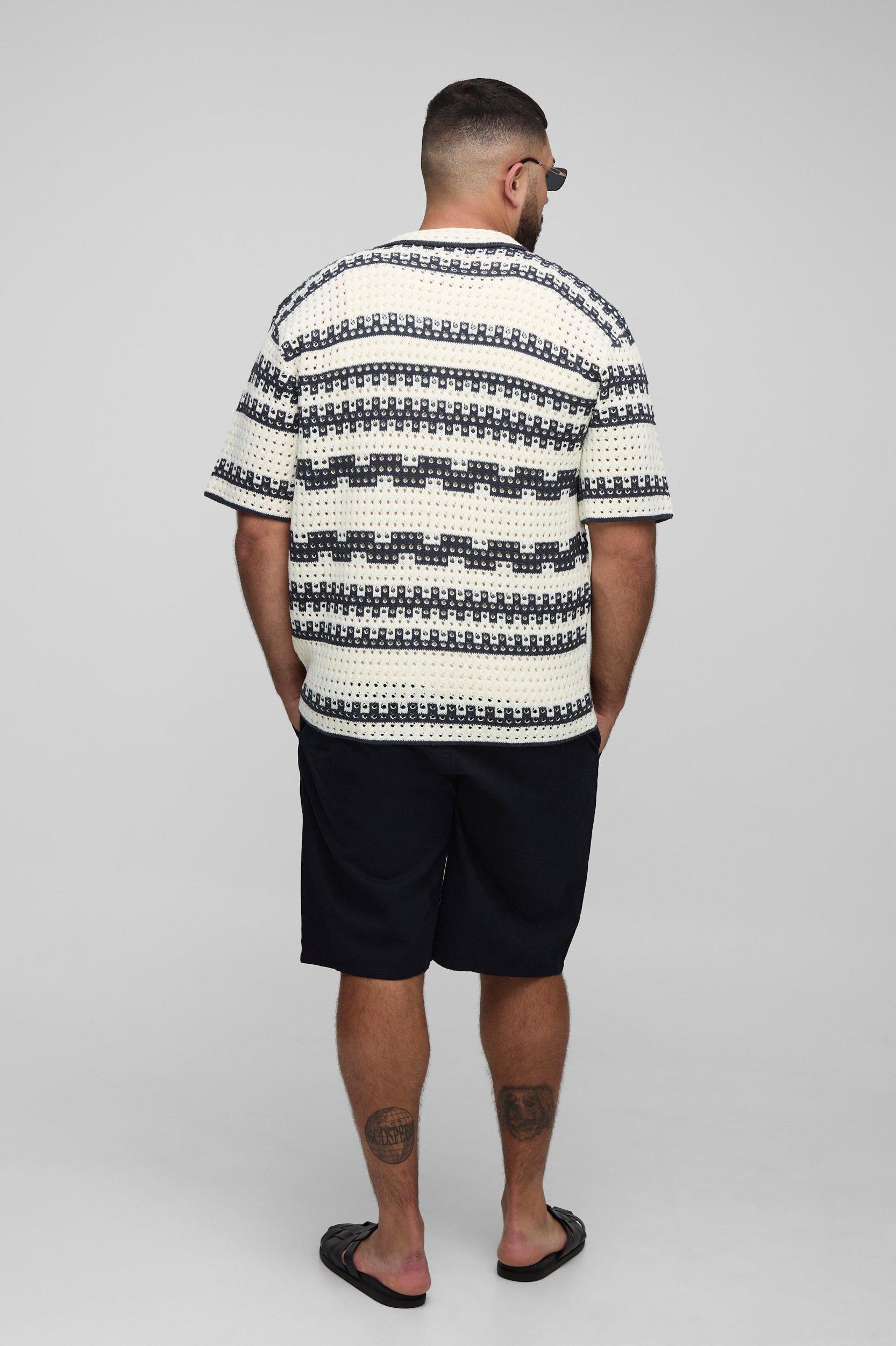 Plus Stripe Crochet Regular Fit Shirt | boohooMAN USA Product Image