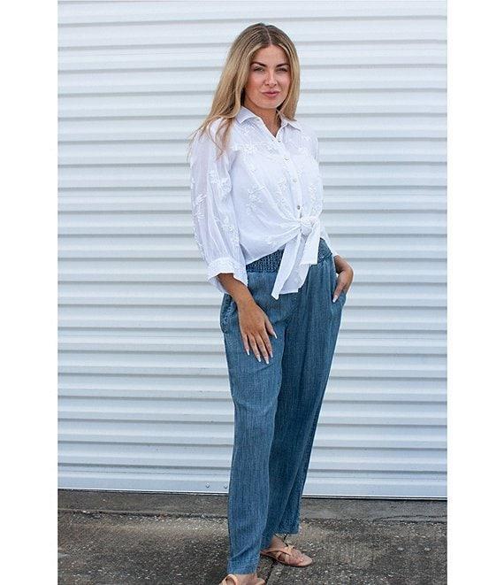 Karyn Seo Alanis Hand-Embroidered Spread Collar Long Sleeve Button-Front Self-Tie Blouse Product Image