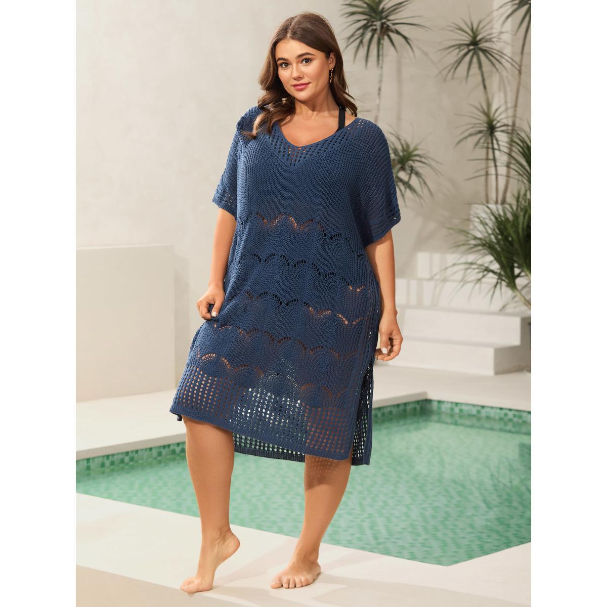 Plus Size Side Slit Cut-Out Swim Cover-Up Women's Swimwear Indigo Beach Loose Texture Curve Swim Cover Ups BloomChic 26/4X Product Image